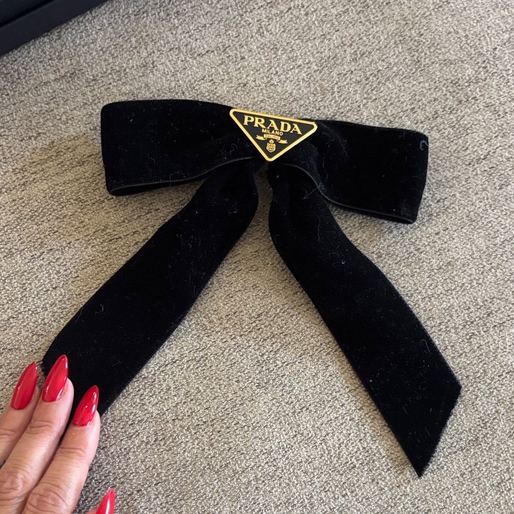 Prada Black Velvet Hair Bow with Gold Logo